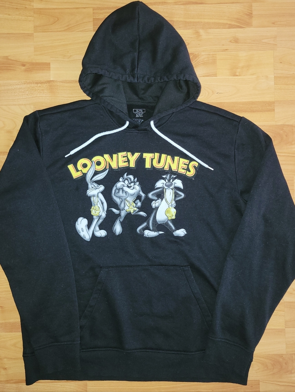 Looney Tunes Black Graphic Hoodie With Cool Bugs, Taz And Sylvester, Extra Large